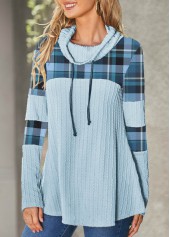 Light Blue tops,Striped tops,Geometric tops,ROTITA Patchwork Plaid Light Blue Cowl Neck Sweatshirt