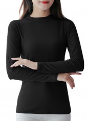 Black tops,Plain Color tops,Black Stand Collar Long Sleeve T Shirt