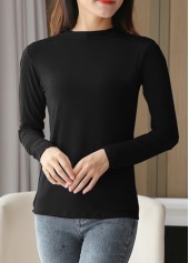 Black tops,Plain Color tops,Black Stand Collar Long Sleeve T Shirt