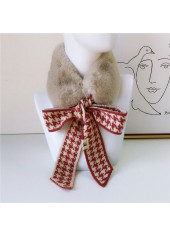 Houndstooth Print Tie Faux Fur Red Scarf