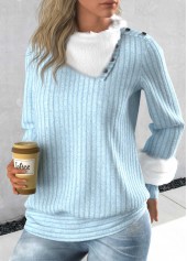ROTITA Long Sleeve Light Blue Asymmetrical Neck Sweatshirt