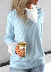 Light Blue tops,Contrast Color tops,ROTITA Long Sleeve Light Blue Asymmetrical Neck Sweatshirt