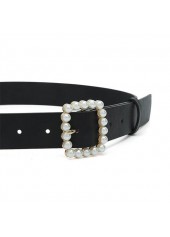 Black accessories,Plain Color accessories,Square Black Pearl Design Leather Belt