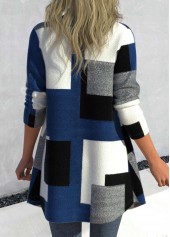 Denim Blue outerwear & coats,Geometric outerwear & coats,ROTITA Patchwork Geometric Print Denim Blue Shirt Collar Coat