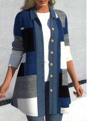 Denim Blue outerwear & coats,Geometric outerwear & coats,ROTITA Patchwork Geometric Print Denim Blue Shirt Collar Coat