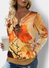 Zipper Leaf Print Ginger V Neck Sweatshirt
