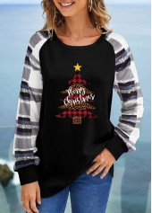 Patchwork Christmas Tree Print Black T Shirt