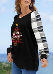 Black tops,Striped tops,Plaid tops,Christmas tops,Plants tops,Patchwork Christmas Tree Print Black T Shirt