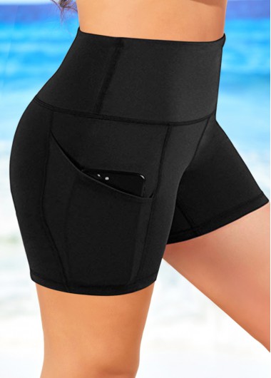 Black plus size,Plain Color plus size,ROTITA Pocket Detail Plus Size High Waist Swim Shorts
