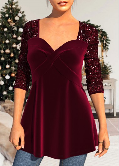 Wine Red tops,Plain Color tops,ROTITA Wine Red Sequin Velvet Stitching Sweetheart Neckline T Shirt