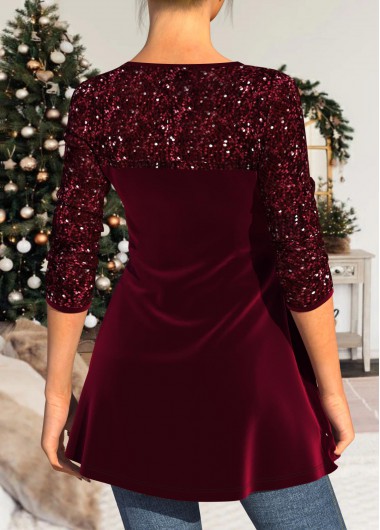 Wine Red tops,Plain Color tops,ROTITA Wine Red Sequin Velvet Stitching Sweetheart Neckline T Shirt