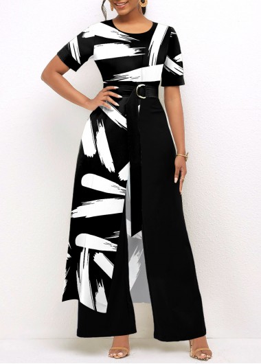 Black plus size,Graphic plus size,ROTITA Graffiti Print Belted Black Asymmetric Hem Jumpsuit