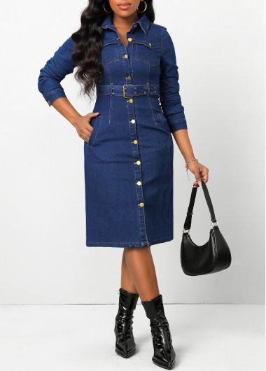 Dark Blue dresses,Plain Color dresses,ROTITA Pocket Dark Blue Belted Shirt Collar Bodycon Dress