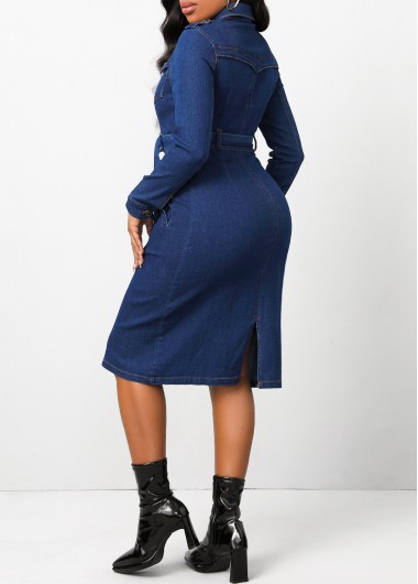 Dark Blue dresses,Plain Color dresses,ROTITA Pocket Dark Blue Belted Shirt Collar Bodycon Dress