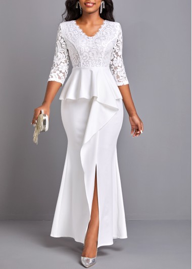 White dresses,Plain Color dresses,ROTITA Lace Trim Peplum Waist White Maxi Dress