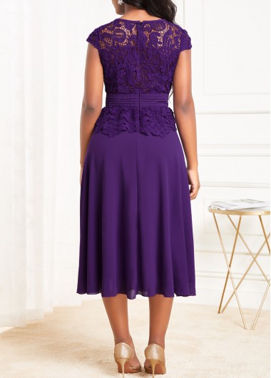 Purple dresses,Plain Color dresses,ROTITA Lace Purple Round Neck Cap Sleeve Dress
