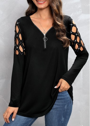 Black tops,Plain Color tops,Zipper Black V Neck Long Sleeve T Shirt
