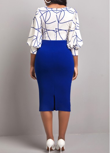 Dark Blue dresses,Graphic dresses,ROTITA Graffiti Print Round Neck Dark Blue Bodycon Dress