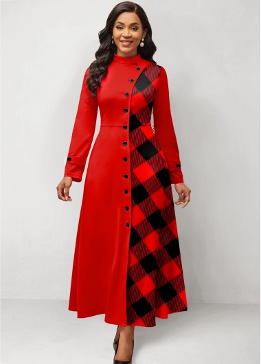 Red dresses,Plaid dresses,ROTITA Patchwork Plaid Red Stand Collar Maxi Dress