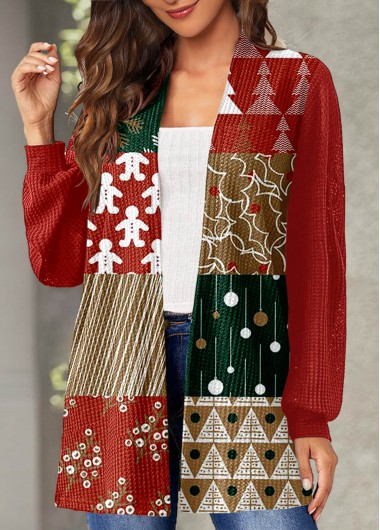 Red tops,Christmas tops,Geometric tops,ROTITA Christmas Geometric Print Red Long Sleeve Cardigan