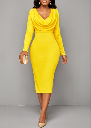 Yellow dresses,Plain Color dresses,ROTITA Split Yellow V Neck Long Sleeve Bodycon Dress