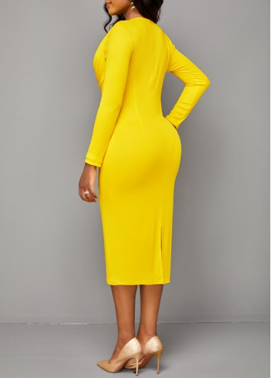 Yellow dresses,Plain Color dresses,ROTITA Split Yellow V Neck Long Sleeve Bodycon Dress