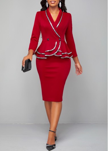 Wine Red dresses,Plain Color dresses,ROTITA Sequin Wine Red Shawl Collar Bodycon Dress