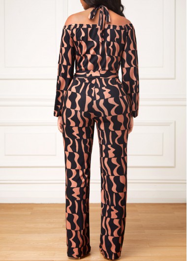 Dark Coffee jumpsuits&rompers,Black jumpsuits&rompers,Geometric jumpsuits&rompers,Cut Out Geometric Print Dark Coffee Belted Jumpsuit