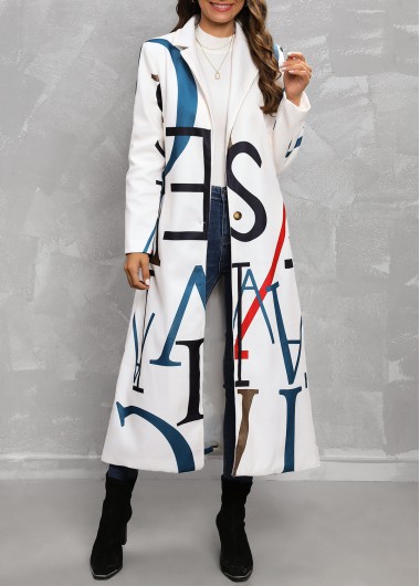 White outerwear & coats,Letter outerwear & coats,Pocket Letter Print White Lapel Long Sleeve Coat