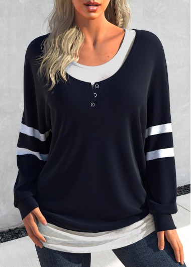 Navy tops,Contrast Color tops,ROTITA Patchwork Navy Round Neck Long Sleeve Sweatshirt