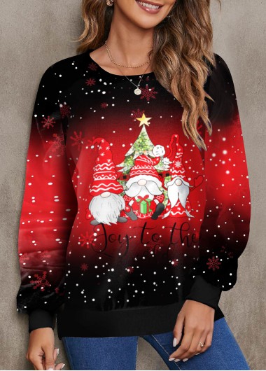 Red tops,Ombre tops,Christmas tops,ROTITA Christmas Santa Claus Print Red Round Neck Sweatshirt