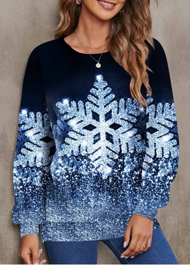 Blue tops,Christmas tops,ROTITA Snowflake Print Blue Round Neck Long Sleeve Sweatshirt