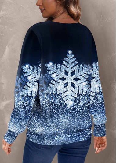 Blue tops,Christmas tops,ROTITA Snowflake Print Blue Round Neck Long Sleeve Sweatshirt