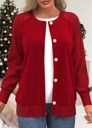 Red tops,Plain Color tops,ROTITA Lace Panel Button Up Red Round Neck Cardigan