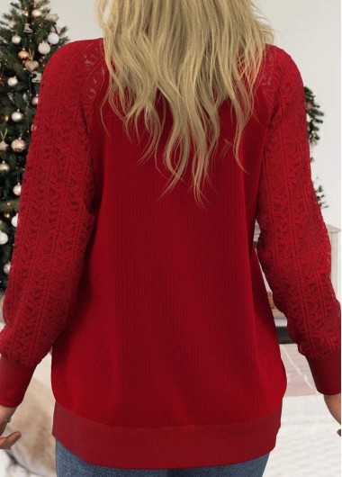 Red tops,Plain Color tops,ROTITA Lace Panel Button Up Red Round Neck Cardigan