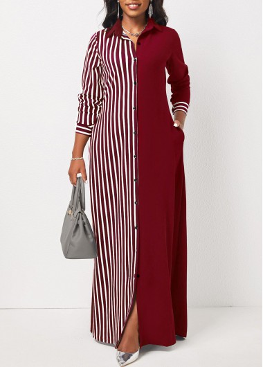 Wine Red dresses,Striped dresses,ROTITA Wine Red Striped Pocket Maxi Dress