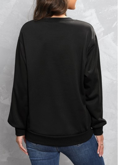 Black tops,Letter tops,Hot Drilling Letter Design Black Round Neck Sweatshirt