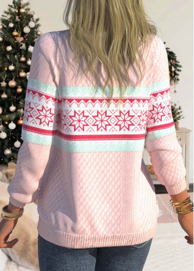 Light Pink tops,Geometric tops,ROTITA Zipper Snowflake Print Light Pink High Neck Sweatshirt