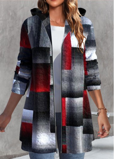 Black outerwear & coats,Geometric outerwear & coats,Ombre outerwear & coats,ROTITA Zipper Geometric Print Black Hooded Long Sleeve Coat