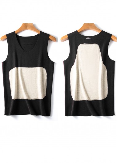 Black tops,Contrast Color tops,Patchwork Black V Neck Tank Top