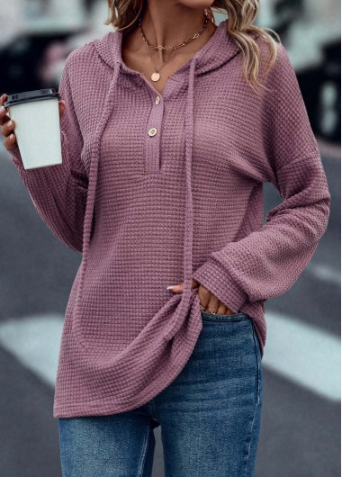 Dark Reddish Purple tops,Plain Color tops,Drawstring Dark Reddish Purple Long Sleeve Hoodie