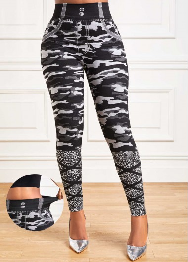 Grey bottoms,Graphic bottoms,Striped bottoms,Camouflage Print Grey High Waisted Elastic Waist Leggings