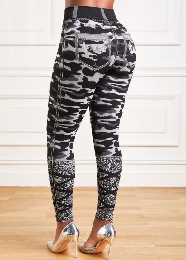 Grey bottoms,Graphic bottoms,Striped bottoms,Camouflage Print Grey High Waisted Elastic Waist Leggings