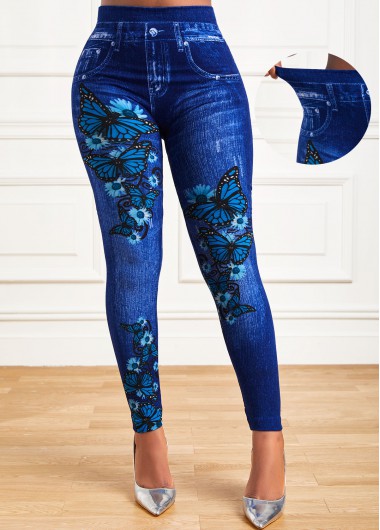 Blue bottoms,Animal Print bottoms,Butterfly Print Blue High Waisted Elastic Detail Leggings