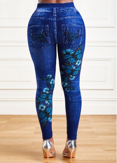Blue bottoms,Animal Print bottoms,Butterfly Print Blue High Waisted Elastic Detail Leggings