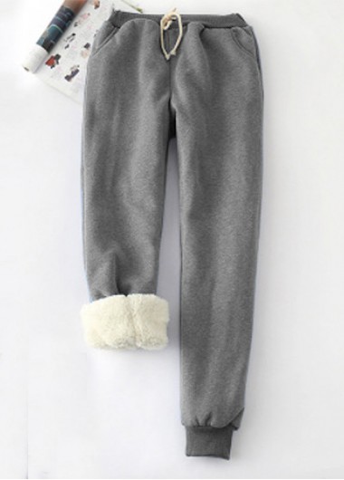 Grey bottoms,Contrast Color bottoms,Plush Grey Jogger Drawastring High Waisted Pants