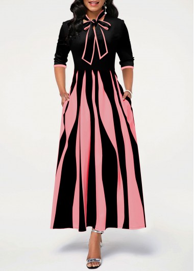 Pink dresses,Geometric dresses,ROTITA 3/4 Sleeve Pink Pocket Geometric Print Dress