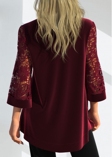 Red outerwear & coats,Plain Color outerwear & coats,ROTITA 3/4 Sleeve Red Lace Stitching Coat and Camisole Top