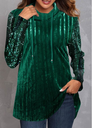 Green tops,Plain Color tops,ROTITA Green Sequin Drawstring Velvet Stitching Sweatshirt