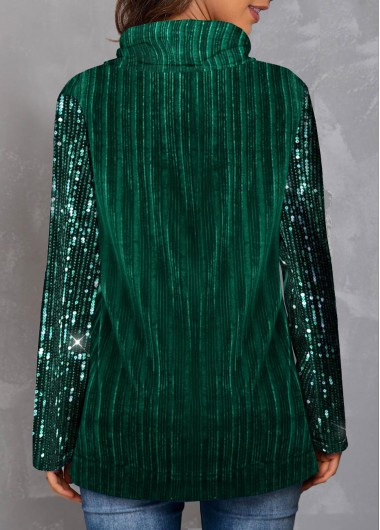 Green tops,Plain Color tops,ROTITA Green Sequin Drawstring Velvet Stitching Sweatshirt